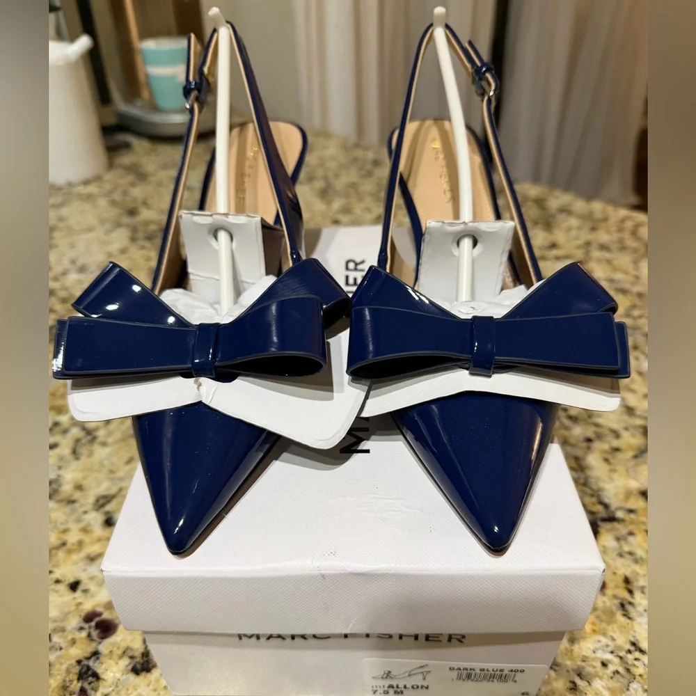 NWT Marc Fisher Allon Blue Patent Bow Slingback Pumps Heels, Size 7.5
